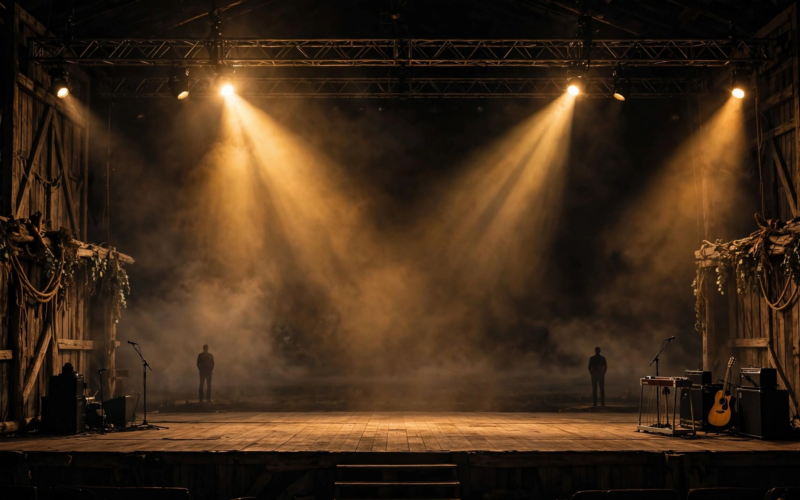 Symbolic illustration of two distant silhouettes at a country music stage, representing the Wynonna Judd Ashley Judd rift