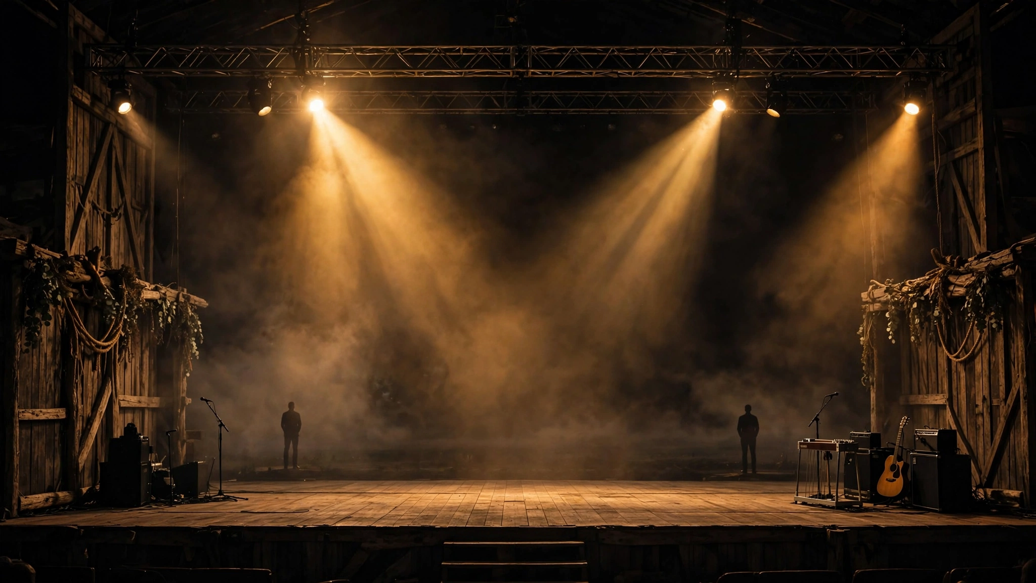 Symbolic illustration of two distant silhouettes at a country music stage, representing the Wynonna Judd Ashley Judd rift