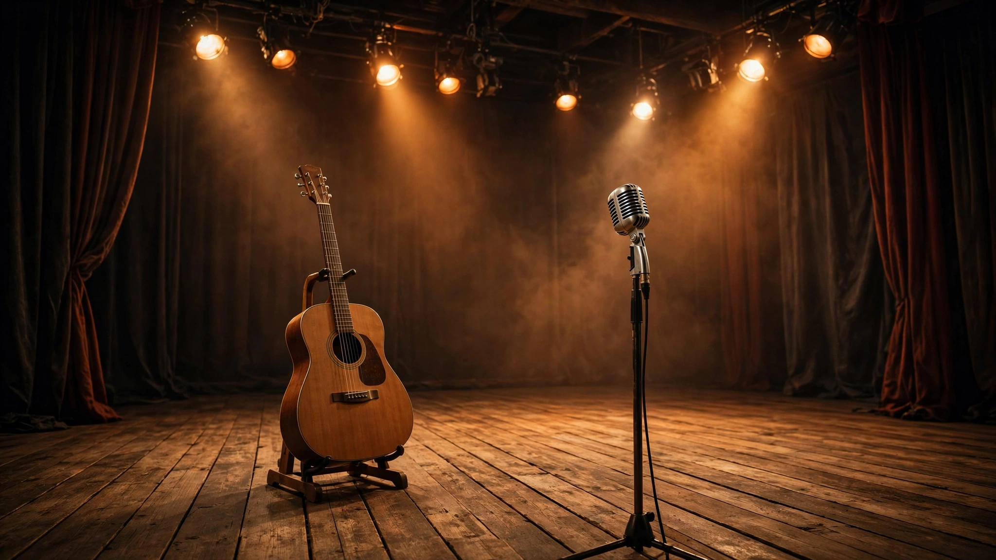 Acoustic guitar and microphone on an empty stage evoking the Wynonna Judd Ashley Judd rift story