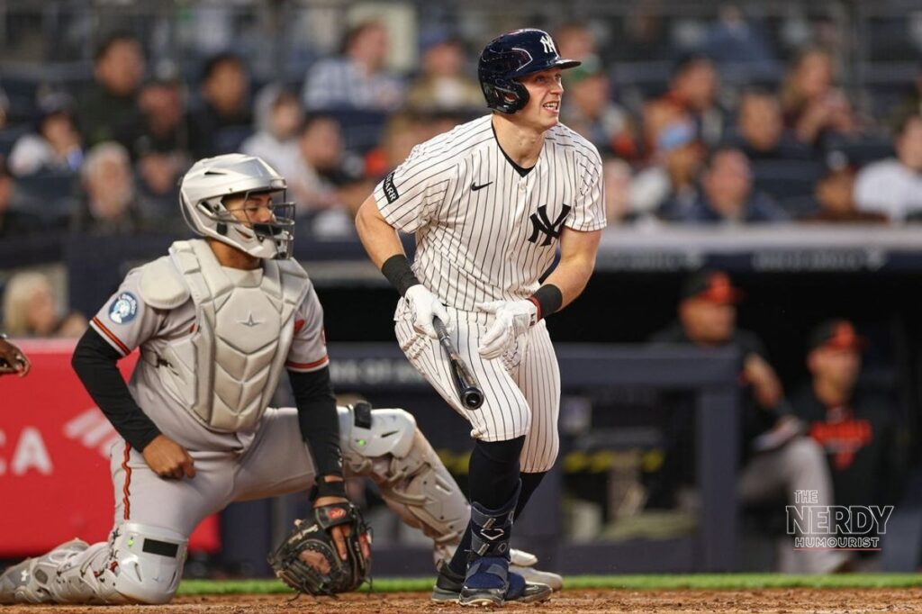 Yankees Rays ALDS Game 3: Yankees batter Ben Rice watches a pitch at Yankee Stadium