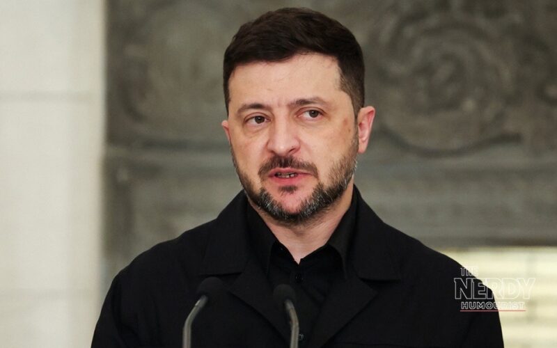 Ukrainian President Volodymyr Zelensky speaking at a podium