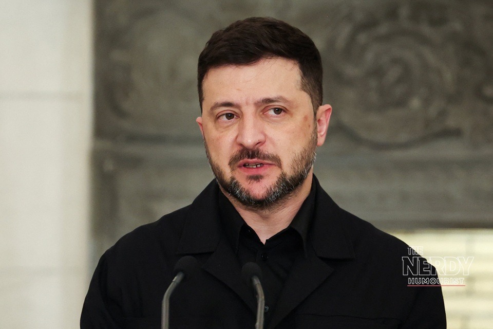 Ukrainian President Volodymyr Zelensky speaking at a podium