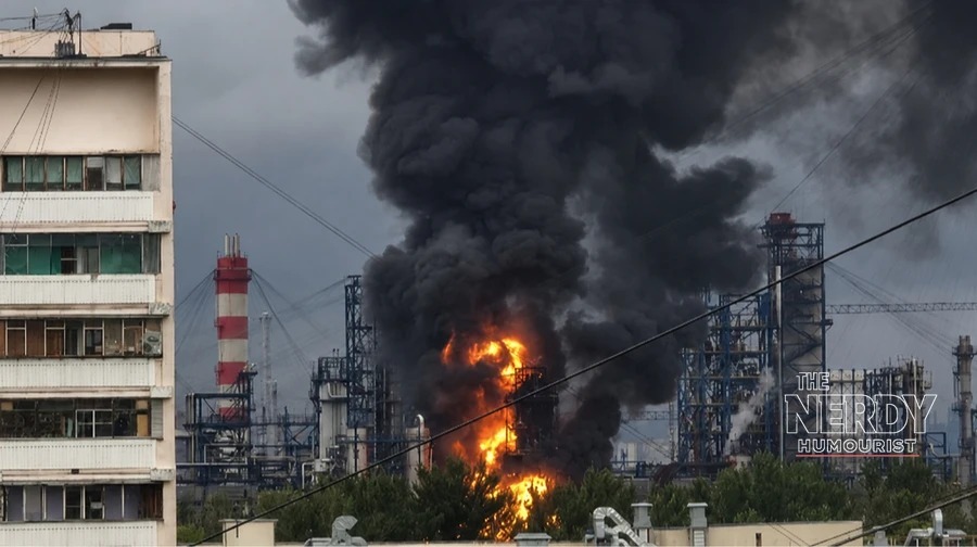 Fire and black smoke rising from an oil refinery after a drone strike